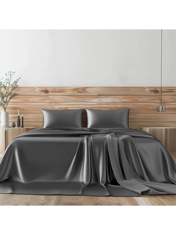 Regal Comfort Alaska King Size 4-Piece Sheet Set 16 Momme Mulberry Silk Bed Set Fits 27-32" Deep Pocket - Mulberry Silk Sheets for Designer-Inspired Homes (Solid, Elephant Grey)
