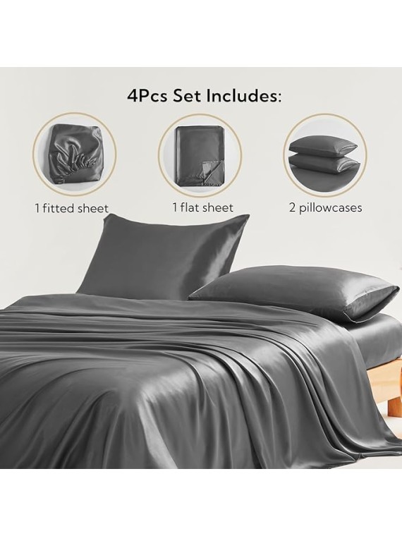 Regal Comfort Alaska King Size 4-Piece Sheet Set 16 Momme Mulberry Silk Bed Set Fits 27-32" Deep Pocket - Mulberry Silk Sheets for Designer-Inspired Homes (Solid, Elephant Grey)