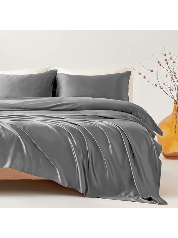 Regal Comfort Alaska King Size 4-Piece Sheet Set 16 Momme Mulberry Silk Bed Set Fits 27-32" Deep Pocket - Mulberry Silk Sheets for Designer-Inspired Homes (Solid, Elephant Grey)