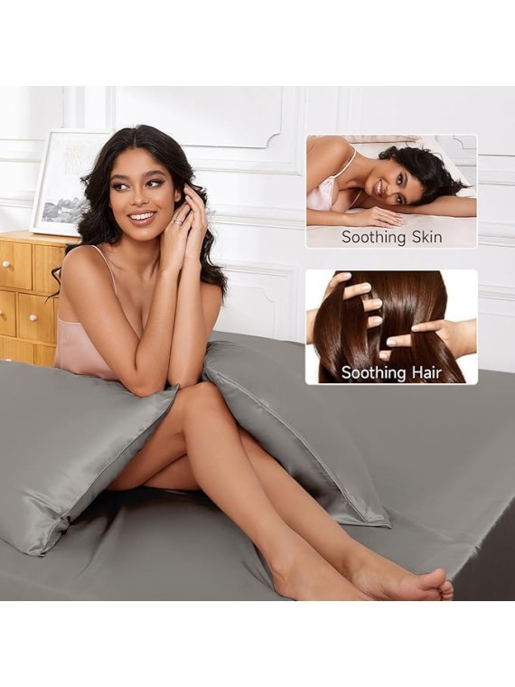 Regal Comfort Alaska King Size 4-Piece Sheet Set 16 Momme Mulberry Silk Bed Set Fits 27-32" Deep Pocket - Mulberry Silk Sheets for Designer-Inspired Homes (Solid, Elephant Grey)