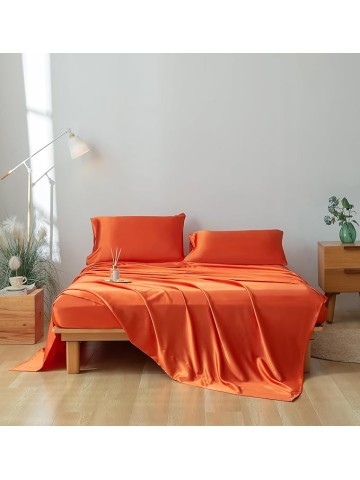 King Size 6 Piece Sheet Set 19 Momme Mulberry 7A+ Silk Luxuriously Bed Sheets (1 Flat Sheet,1 Fitted Sheet,4 Pillow Cases) Fits 27-32" Deep Pocket (Solid, Orange)