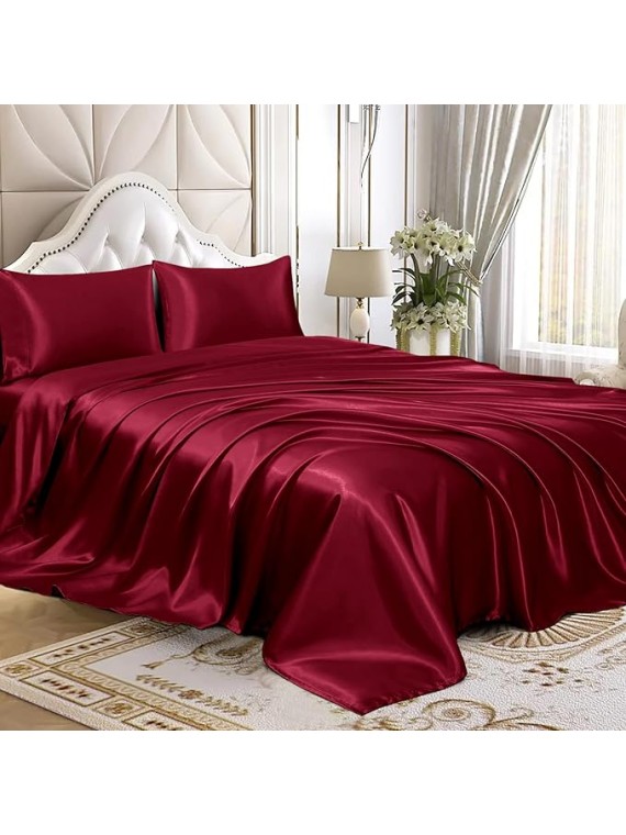 Regal Comfort California King Size 4-Piece Sheet Set 22 Momme Mulberry Silk Bed Set Fits 14-18" Deep Pocket - Mulberry Silk Sheets for Designer-Inspired Homes (Solid, Burgundy)