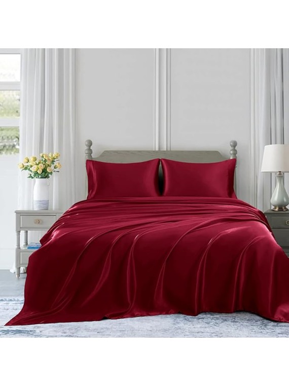 Regal Comfort California King Size 4-Piece Sheet Set 22 Momme Mulberry Silk Bed Set Fits 14-18" Deep Pocket - Mulberry Silk Sheets for Designer-Inspired Homes (Solid, Burgundy)
