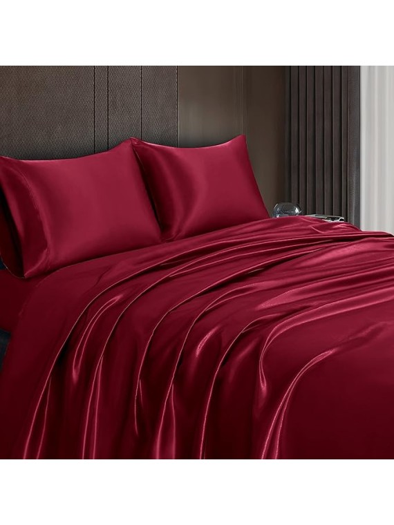 Regal Comfort California King Size 4-Piece Sheet Set 22 Momme Mulberry Silk Bed Set Fits 14-18" Deep Pocket - Mulberry Silk Sheets for Designer-Inspired Homes (Solid, Burgundy)