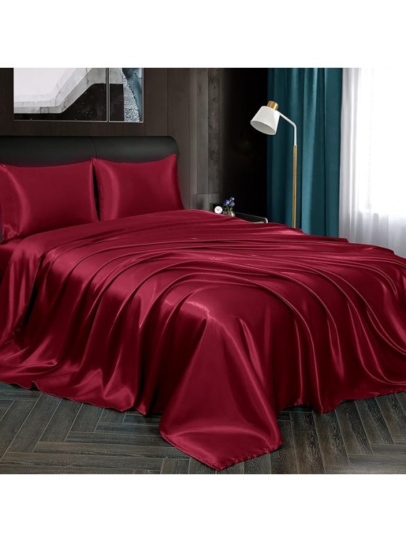 Regal Comfort California King Size 4-Piece Sheet Set 22 Momme Mulberry Silk Bed Set Fits 14-18" Deep Pocket - Mulberry Silk Sheets for Designer-Inspired Homes (Solid, Burgundy)