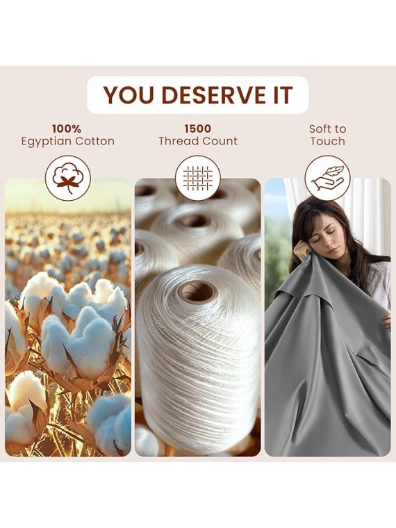 1500 Thread Count Sheets 100% Egyptian Cotton Sheets Set Queen Size Sheets 16 Inches Deep Pocket Bedding 4 Piece Sets (Queen, Gray)