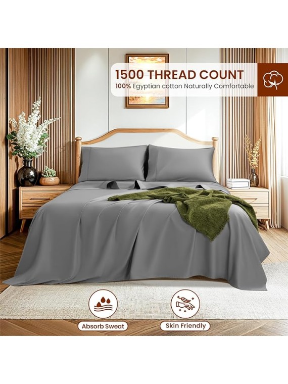 1500 Thread Count Sheets 100% Egyptian Cotton Sheets Set Queen Size Sheets 16 Inches Deep Pocket Bedding 4 Piece Sets (Queen, Gray)