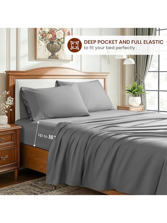 1500 Thread Count Sheets 100% Egyptian Cotton Sheets Set Queen Size Sheets 16 Inches Deep Pocket Bedding 4 Piece Sets (Queen, Gray)