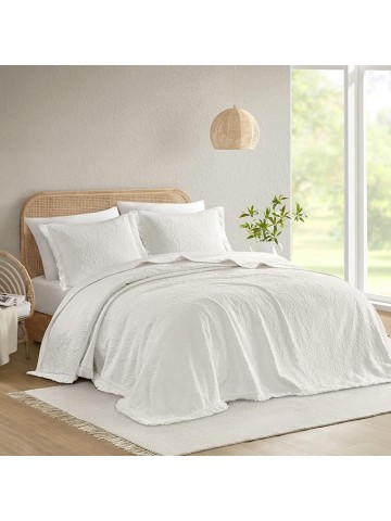 King Bedspread Oversized Chenille Floral Bespread with Fringes, King Bedding Set Cozy Quilt, All Season Lightweight Soft King Size Bedspread, Willow, King White 3 Piece