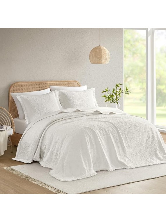 King Bedspread Oversized Chenille Floral Bespread with Fringes, King Bedding Set Cozy Quilt, All Season Lightweight Soft King Size Bedspread, Willow, King White 3 Piece