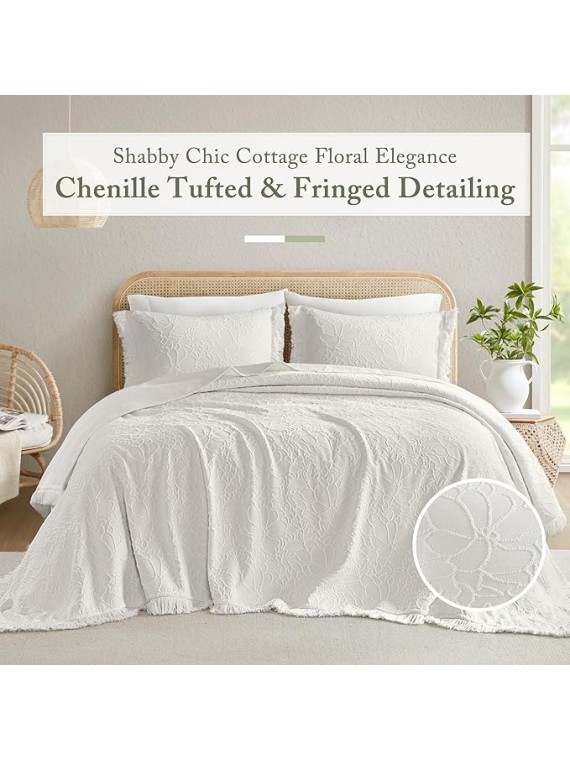 King Bedspread Oversized Chenille Floral Bespread with Fringes, King Bedding Set Cozy Quilt, All Season Lightweight Soft King Size Bedspread, Willow, King White 3 Piece