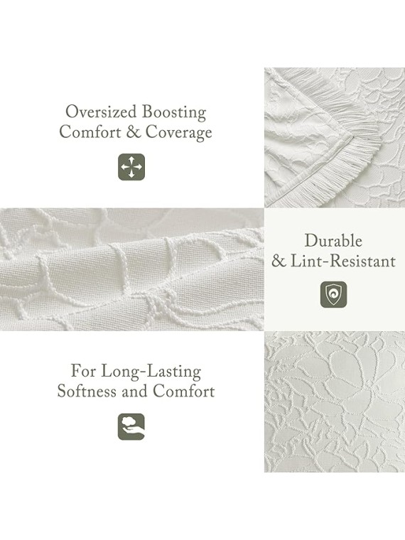 King Bedspread Oversized Chenille Floral Bespread with Fringes, King Bedding Set Cozy Quilt, All Season Lightweight Soft King Size Bedspread, Willow, King White 3 Piece