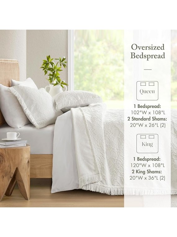 King Bedspread Oversized Chenille Floral Bespread with Fringes, King Bedding Set Cozy Quilt, All Season Lightweight Soft King Size Bedspread, Willow, King White 3 Piece