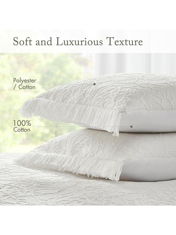 King Bedspread Oversized Chenille Floral Bespread with Fringes, King Bedding Set Cozy Quilt, All Season Lightweight Soft King Size Bedspread, Willow, King White 3 Piece