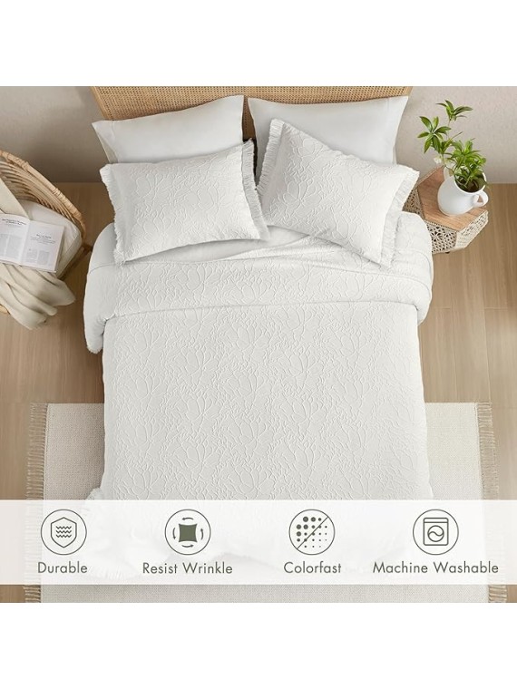 King Bedspread Oversized Chenille Floral Bespread with Fringes, King Bedding Set Cozy Quilt, All Season Lightweight Soft King Size Bedspread, Willow, King White 3 Piece