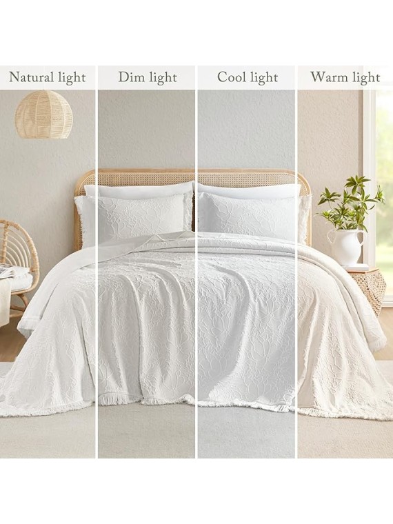 King Bedspread Oversized Chenille Floral Bespread with Fringes, King Bedding Set Cozy Quilt, All Season Lightweight Soft King Size Bedspread, Willow, King White 3 Piece