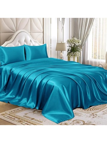 Luxury-Grade Grand King Size 4-Piece Sheet Set 21 Momme Mulberry Silk Bed Sheets Set Fits 10-12" Deep Pocket - Perfect Mulberry Silk Sheets for Every Season (Solid, Turquoise)