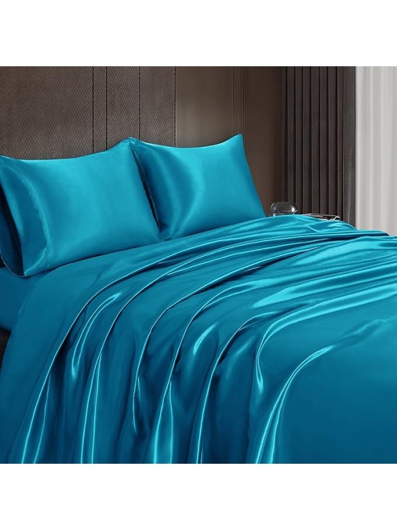 Luxury-Grade Grand King Size 4-Piece Sheet Set 21 Momme Mulberry Silk Bed Sheets Set Fits 10-12" Deep Pocket - Perfect Mulberry Silk Sheets for Every Season (Solid, Turquoise)