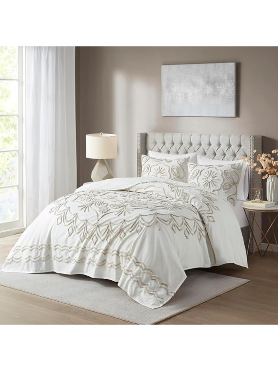 3 Pcs Tufted Cotton Chenille Coverlet Set Ivory,Taupe King,Cal King