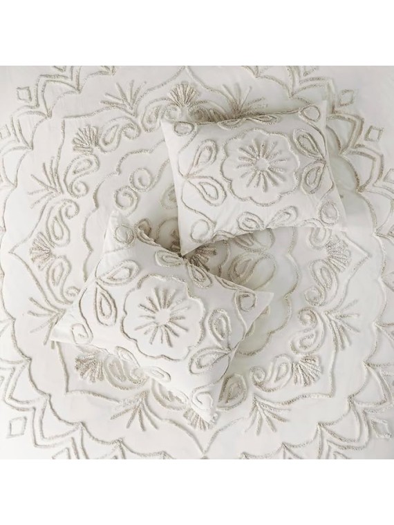 3 Pcs Tufted Cotton Chenille Coverlet Set Ivory,Taupe King,Cal King
