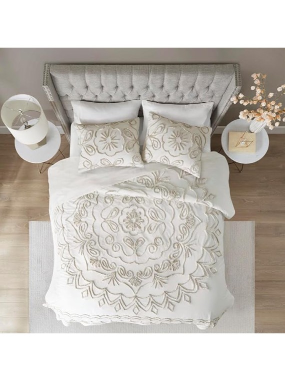 3 Pcs Tufted Cotton Chenille Coverlet Set Ivory,Taupe King,Cal King