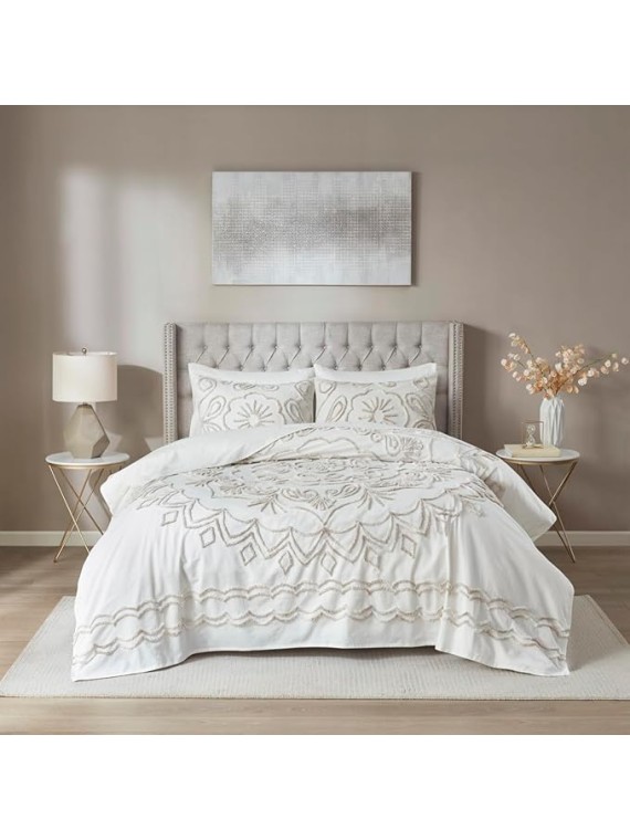 3 Pcs Tufted Cotton Chenille Coverlet Set Ivory,Taupe King,Cal King
