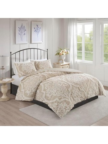 Cottage-Style 3 Piece Tufted Cotton Chenille Comforter Set for Full/Queen Beds, Soft Damask Design in Taupe