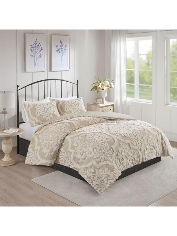 Cottage-Style 3 Piece Tufted Cotton Chenille Comforter Set for Full/Queen Beds, Soft Damask Design in Taupe