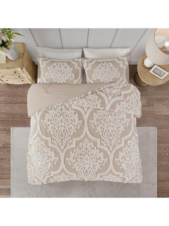 Cottage-Style 3 Piece Tufted Cotton Chenille Comforter Set for Full/Queen Beds, Soft Damask Design in Taupe