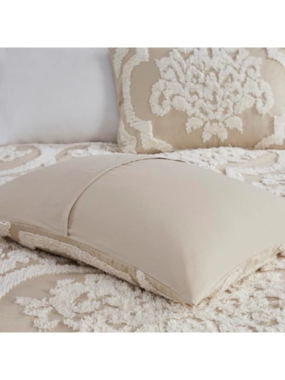 Cottage-Style 3 Piece Tufted Cotton Chenille Comforter Set for Full/Queen Beds, Soft Damask Design in Taupe