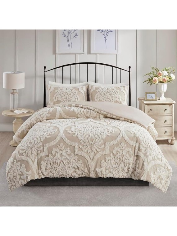 Cottage-Style 3 Piece Tufted Cotton Chenille Comforter Set for Full/Queen Beds, Soft Damask Design in Taupe