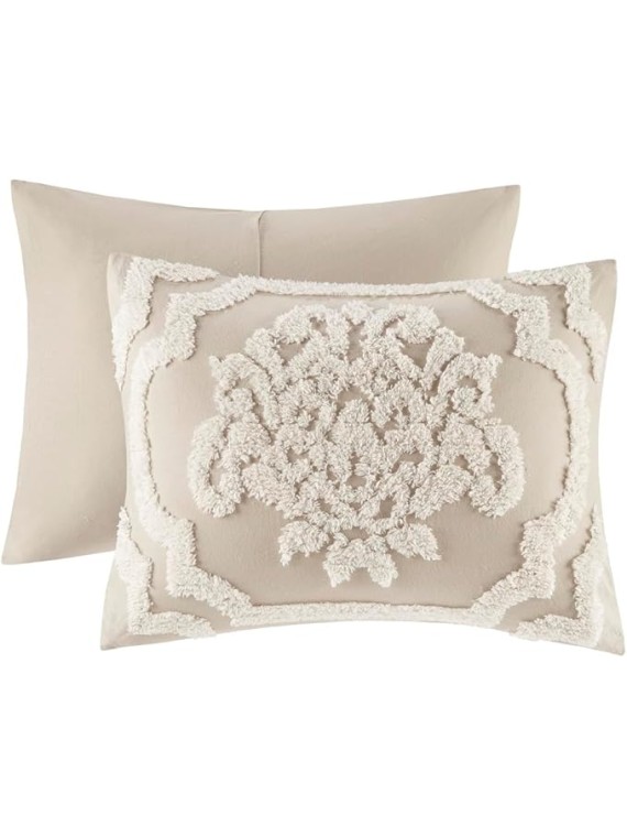 Cottage-Style 3 Piece Tufted Cotton Chenille Comforter Set for Full/Queen Beds, Soft Damask Design in Taupe