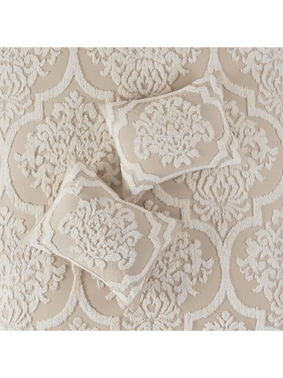Cottage-Style 3 Piece Tufted Cotton Chenille Comforter Set for Full/Queen Beds, Soft Damask Design in Taupe