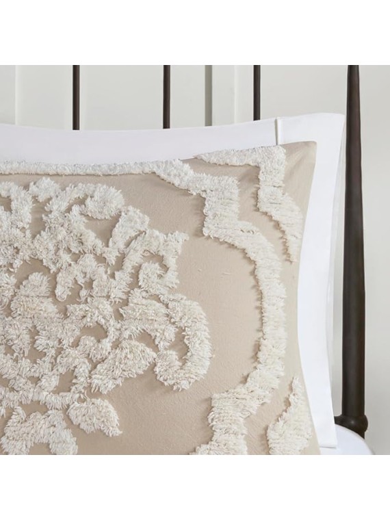 Cottage-Style 3 Piece Tufted Cotton Chenille Comforter Set for Full/Queen Beds, Soft Damask Design in Taupe