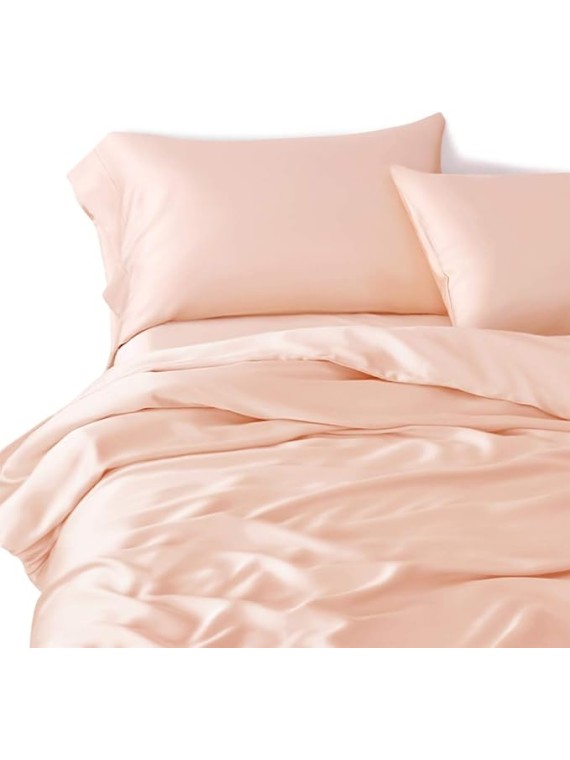 RV King Size 4-Piece Sheet Set 21 Momme Royal-Quality Mulberry Silk Bed Set Fits 27-32" Deep Pocket - Timeless & Elegant Mulberry Silk Bedding (Solid, Peach)
