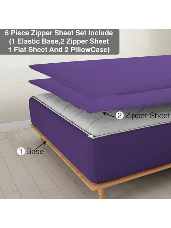 6 Piece Zipper Sheet Set, Olympic Queen Size - Include (1 Elastic Fitted Sheet Base & 2 Sheet has Zipper, 1 Flat Sheet and 2 Pillowcase) 18 Inch Deep Pocket, 800 TC, Solid Purple Color.
