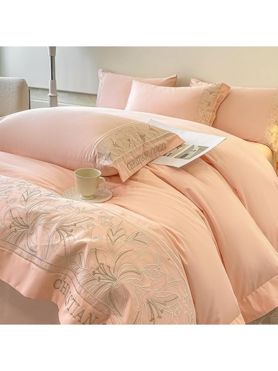 Queen Comforter Set, 160-count Long-Staple Cotton Four-Piece Bedding Set, Pure Cotton Quilt Cover, Fitted Sheet, Bedding, Duvet Cover(Color 7,Queen Size)