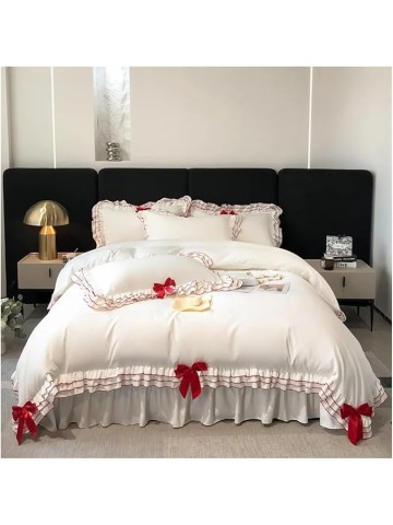 Bed Linen Sets Bowknot Quilt Cover Pillowcase Bedclothes Queen/King Size Bedding Set(Red,Flat Sheet SETQUEEN)