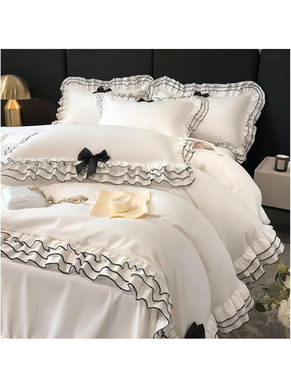 Bed Linen Sets Bowknot Quilt Cover Pillowcase Bedclothes Queen/King Size Bedding Set(Red,Flat Sheet SETQUEEN)
