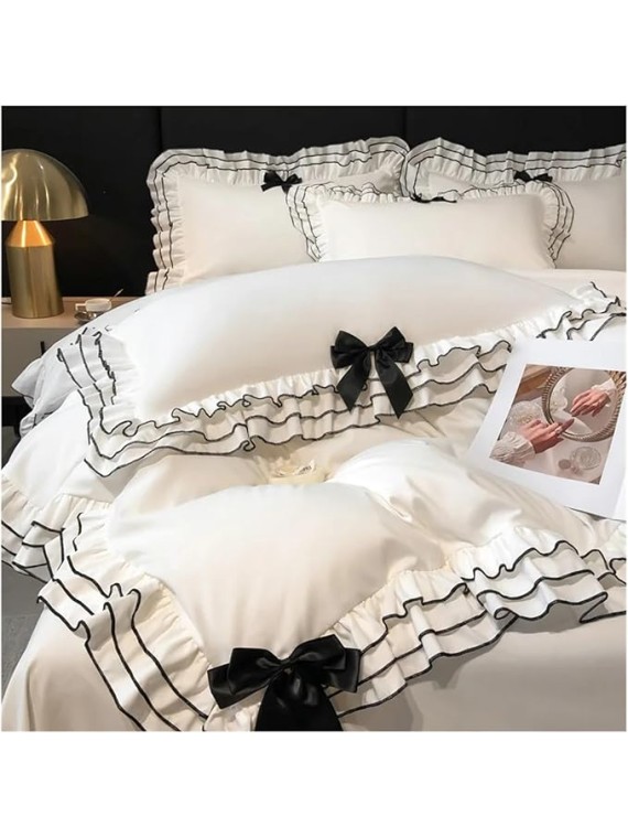 Bed Linen Sets Bowknot Quilt Cover Pillowcase Bedclothes Queen/King Size Bedding Set(Red,Flat Sheet SETQUEEN)