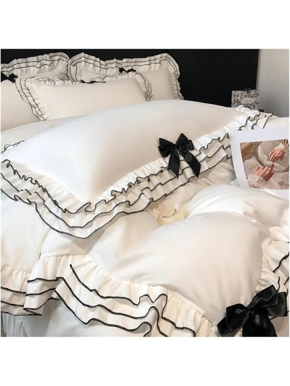 Bed Linen Sets Bowknot Quilt Cover Pillowcase Bedclothes Queen/King Size Bedding Set(Red,Flat Sheet SETQUEEN)