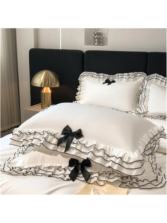 Bed Linen Sets Bowknot Quilt Cover Pillowcase Bedclothes Queen/King Size Bedding Set(Red,Flat Sheet SETQUEEN)