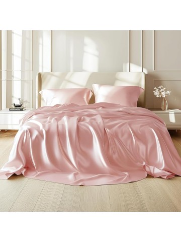 Queen Size 4-Piece Sheet Set 19 Momme Mulberry Silk Super Soft Bedding Set Fits 14-18" Deep Pocket Luxurious Mulberry Silk Sheets (Solid, Light Pink)