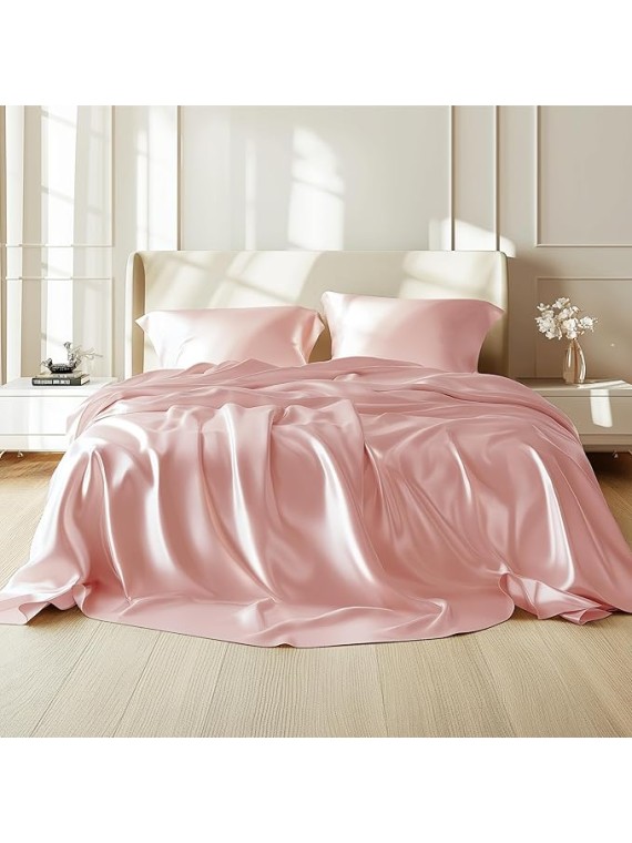 Queen Size 4-Piece Sheet Set 19 Momme Mulberry Silk Super Soft Bedding Set Fits 14-18" Deep Pocket Luxurious Mulberry Silk Sheets (Solid, Light Pink)