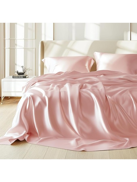 Queen Size 4-Piece Sheet Set 19 Momme Mulberry Silk Super Soft Bedding Set Fits 14-18" Deep Pocket Luxurious Mulberry Silk Sheets (Solid, Light Pink)