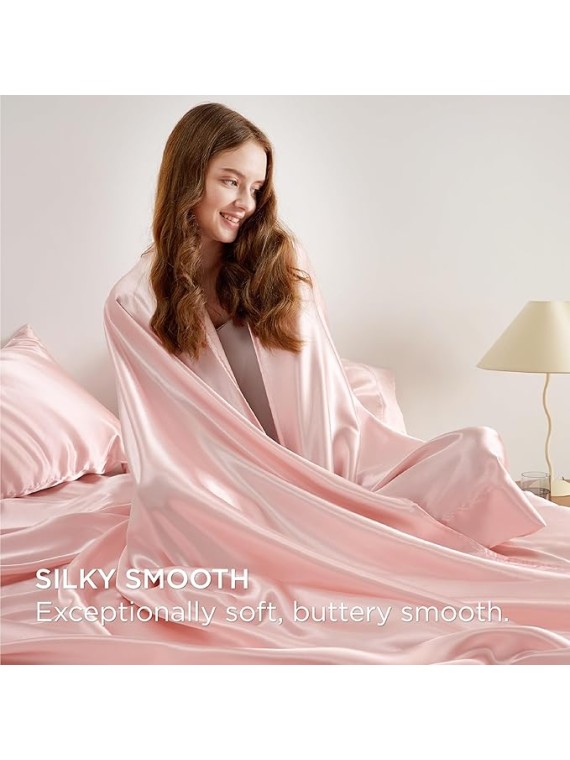 Queen Size 4-Piece Sheet Set 19 Momme Mulberry Silk Super Soft Bedding Set Fits 14-18" Deep Pocket Luxurious Mulberry Silk Sheets (Solid, Light Pink)