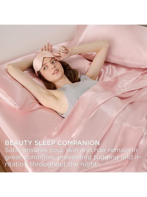 Queen Size 4-Piece Sheet Set 19 Momme Mulberry Silk Super Soft Bedding Set Fits 14-18" Deep Pocket Luxurious Mulberry Silk Sheets (Solid, Light Pink)