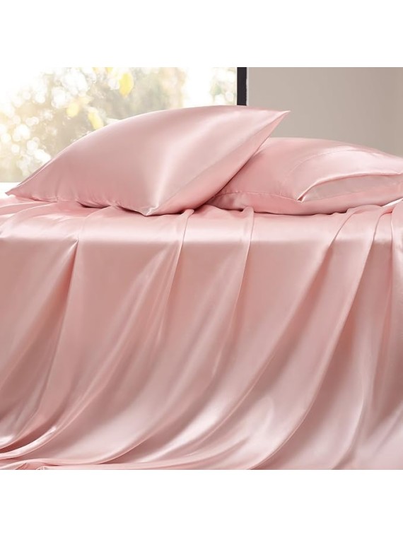 Queen Size 4-Piece Sheet Set 19 Momme Mulberry Silk Super Soft Bedding Set Fits 14-18" Deep Pocket Luxurious Mulberry Silk Sheets (Solid, Light Pink)