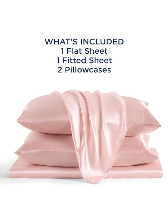 Queen Size 4-Piece Sheet Set 19 Momme Mulberry Silk Super Soft Bedding Set Fits 14-18" Deep Pocket Luxurious Mulberry Silk Sheets (Solid, Light Pink)