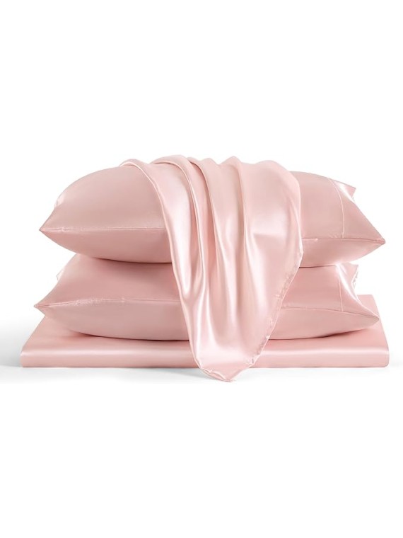 Queen Size 4-Piece Sheet Set 19 Momme Mulberry Silk Super Soft Bedding Set Fits 14-18" Deep Pocket Luxurious Mulberry Silk Sheets (Solid, Light Pink)